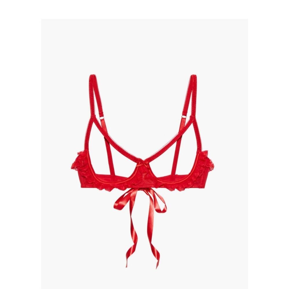 Red Lace Ruffle Open Cup Shelf Bra Cage Strappy Mesh Lingerie Bow Accent